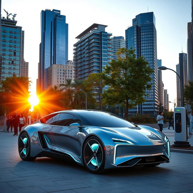 A futuristic electric car parked in a modern urban environment, showcasing sleek lines and a high-tech design with glowing accents
