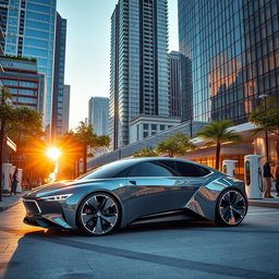 A futuristic electric car parked in a modern urban environment, showcasing sleek lines and a high-tech design with glowing accents