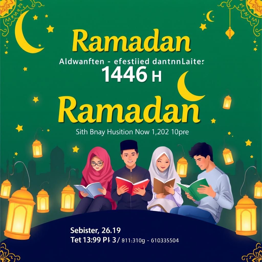 A vibrant and engaging poster for Ramadan 1446 H, featuring the theme "Sharing Knowledge, Sharing Hope: Ramadan untuk Pendidikan yang Merata"
