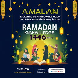 A vibrant and engaging poster for Ramadan 1446 H, featuring the theme "Sharing Knowledge, Sharing Hope: Ramadan untuk Pendidikan yang Merata"
