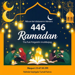 A vibrant and engaging poster for Ramadan 1446 H, featuring the theme "Sharing Knowledge, Sharing Hope: Ramadan untuk Pendidikan yang Merata"