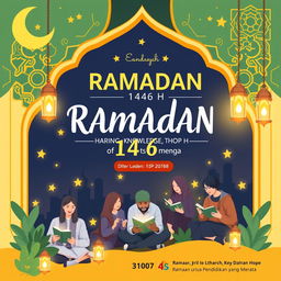 A vibrant and engaging poster for Ramadan 1446 H, featuring the theme "Sharing Knowledge, Sharing Hope: Ramadan untuk Pendidikan yang Merata"