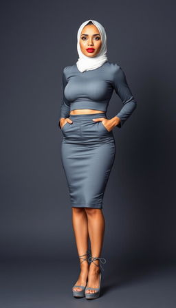 A sophisticated 50-year-old businesswoman showcasing her perfect body with large hips