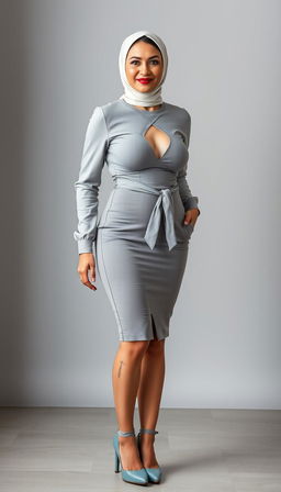 A confident 50-year-old businesswoman with a perfect body and large hips, standing proudly in full view while looking directly into the camera