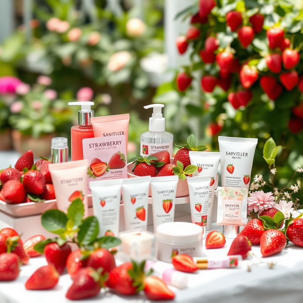 A beautiful display table filled with an array of strawberry-themed beauty products