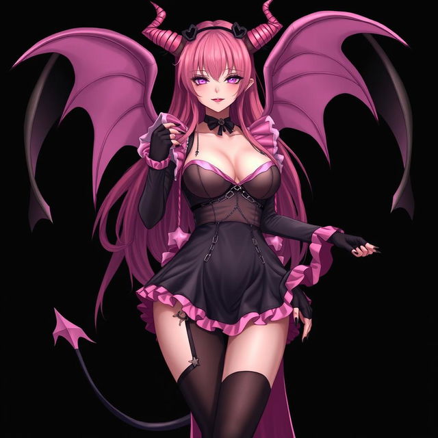 A realistic and sexy submissive gothic anime succubus girl featuring enchanting wings, thin horns, and a playful tail