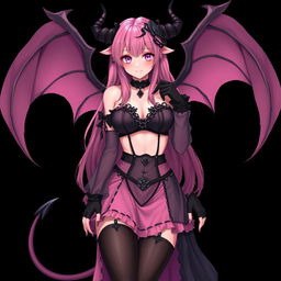 A realistic and sexy submissive gothic anime succubus girl featuring enchanting wings, thin horns, and a playful tail