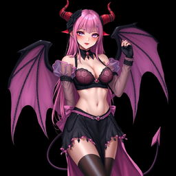 A realistic and sexy submissive gothic anime succubus girl featuring enchanting wings, thin horns, and a playful tail