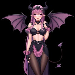 A realistic and sexy submissive gothic anime succubus girl featuring enchanting wings, thin horns, and a playful tail