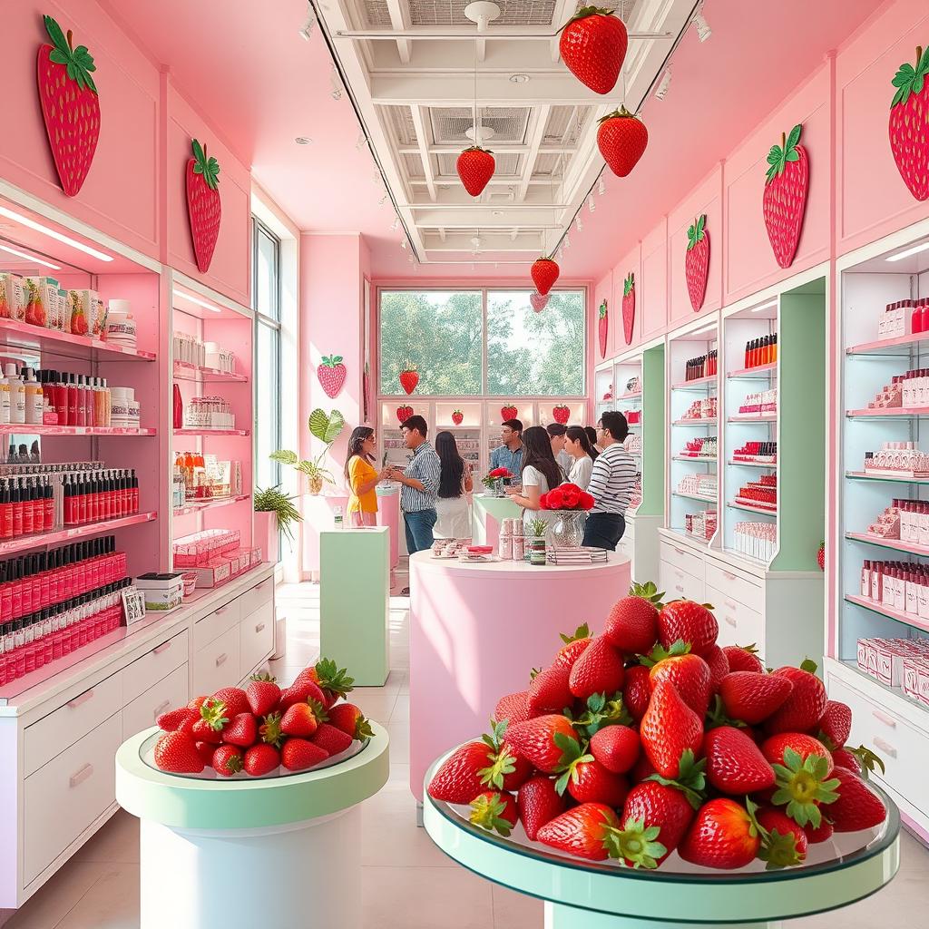 A vibrant and inviting strawberry-themed beauty retail store