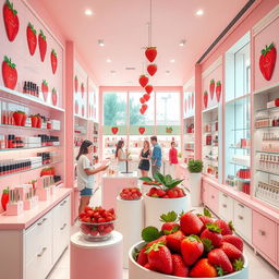 A vibrant and inviting strawberry-themed beauty retail store