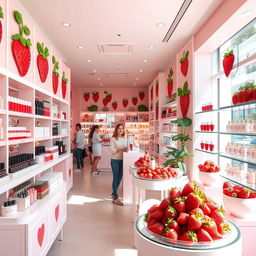 A vibrant and inviting strawberry-themed beauty retail store