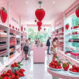 A vibrant and inviting strawberry-themed beauty retail store