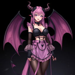 A realistic and sexy submissive gothic anime succubus girl displaying enchanting wings, thin horns, and a playful tail