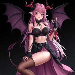 A realistic and sexy submissive gothic anime succubus girl displaying enchanting wings, thin horns, and a playful tail