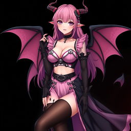 A realistic and sexy submissive gothic anime succubus girl displaying enchanting wings, thin horns, and a playful tail