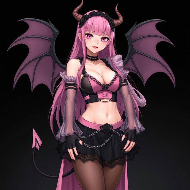 A realistic and sexy submissive gothic anime succubus girl displaying enchanting wings, thin horns, and a playful tail