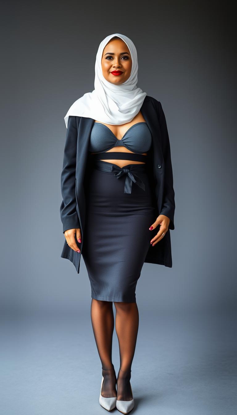 A poised 50-year-old businesswoman exuding confidence, showcasing her perfect body with large hips