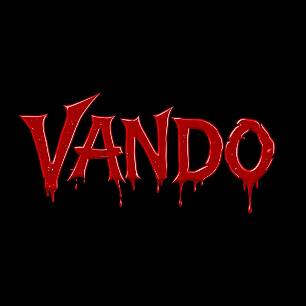 The name 'VANDO' prominently displayed in a very heavy shade of blood red, with blood clot color oozing and dripping down from each letter