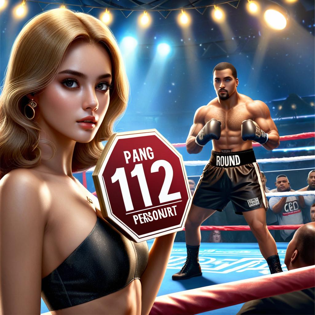 Créer une image pour une une couverture de livre à partir de cette description en créant une image avec les personnages et le fond beaucoup plus réaliste : 1 hôtesse ring girl est sur le bord du ring, tenant sa pancarte octagone écrit "round 2". 1 boxeur est en plein combat. Elle le regarde avec une expression ambiguë, mélangeant admiration et défi. Une atmosphère de ring en pleine action, avec des projecteurs et une foule floue en arrière-plan.