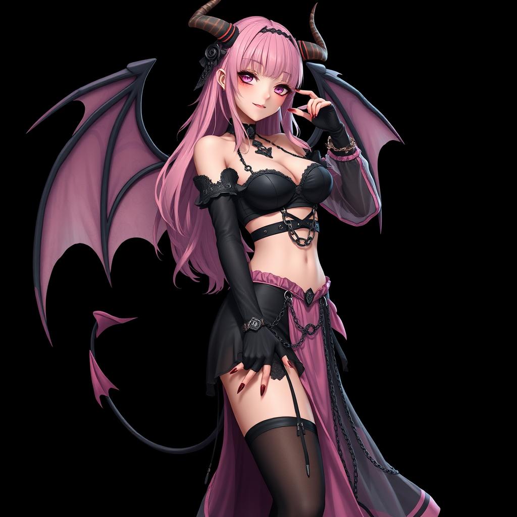 A realistic and sexy submissive gothic anime succubus girl showcasing magnificent wings, delicate thin horns, and a playful tail