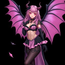 A realistic and sexy submissive gothic anime succubus girl showcasing magnificent wings, delicate thin horns, and a playful tail
