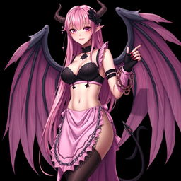 A realistic and sexy submissive gothic anime succubus girl showcasing magnificent wings, delicate thin horns, and a playful tail