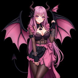 A realistic and sexy submissive gothic anime succubus girl showcasing magnificent wings, delicate thin horns, and a playful tail