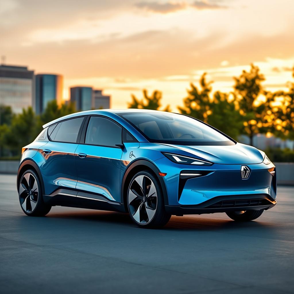 A modern electric car design featuring four doors, with a sleek aerodynamic shape