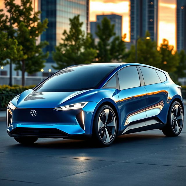 A modern electric car design featuring four doors, with a sleek aerodynamic shape