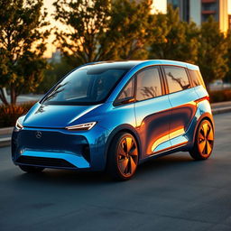 A modern electric car design featuring four doors, with a sleek aerodynamic shape