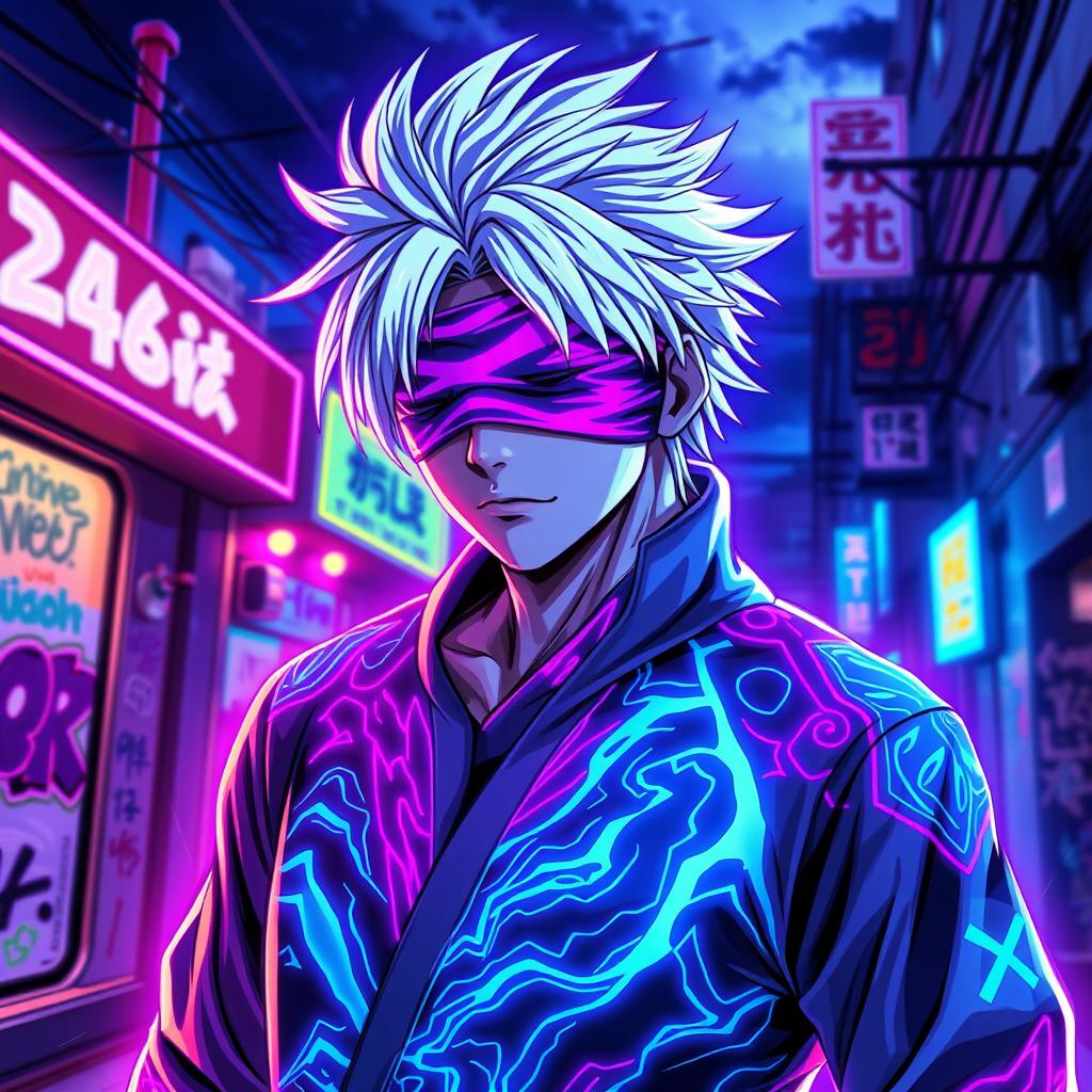 A vibrant and dynamic depiction of a character inspired by neon aesthetics, merging seamless elements with Gojo Satoru from the anime Jujutsu Kaisen