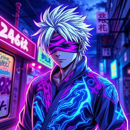 A vibrant and dynamic depiction of a character inspired by neon aesthetics, merging seamless elements with Gojo Satoru from the anime Jujutsu Kaisen