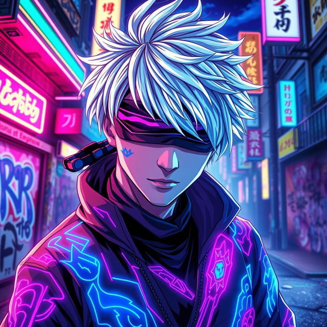 A vibrant and dynamic depiction of a character inspired by neon aesthetics, merging seamless elements with Gojo Satoru from the anime Jujutsu Kaisen