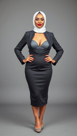 A confident 50-year-old businesswoman standing in a full view, directly looking into the camera with a fierce expression