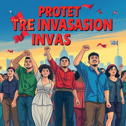 A vibrant poster showcasing the unity of citizens standing together to prevent invasion, featuring a diverse group of people holding hands, with intense expressions of determination