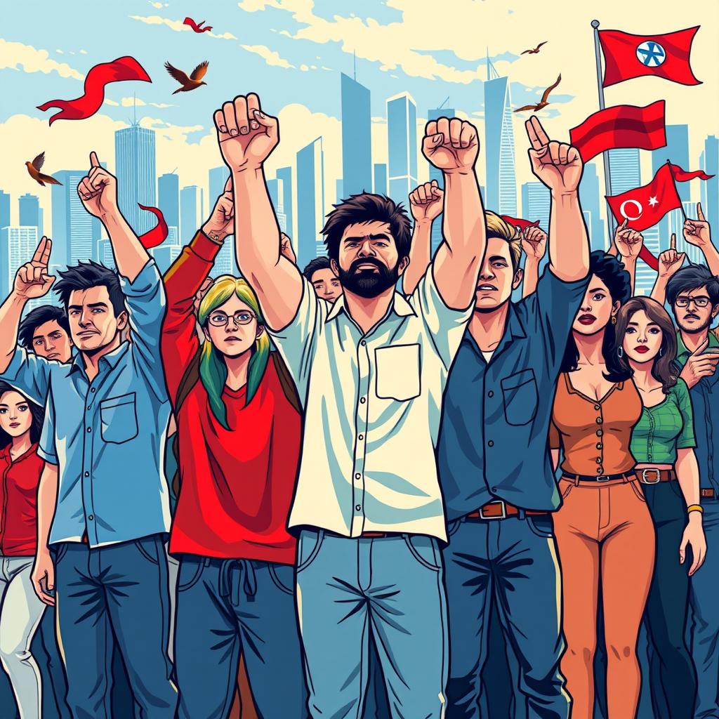 A vibrant poster showcasing the unity of citizens standing together to prevent invasion, featuring a diverse group of people holding hands, with intense expressions of determination