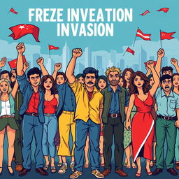 A vibrant poster showcasing the unity of citizens standing together to prevent invasion, featuring a diverse group of people holding hands, with intense expressions of determination