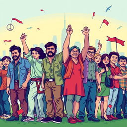A vibrant poster showcasing the unity of citizens standing together to prevent invasion, featuring a diverse group of people holding hands, with intense expressions of determination