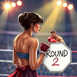 A realistic book cover illustration featuring a ring girl at the edge of a boxing ring, holding an octagonal sign that reads 'Round 2'