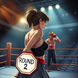 A realistic book cover illustration featuring a ring girl at the edge of a boxing ring, holding an octagonal sign that reads 'Round 2'