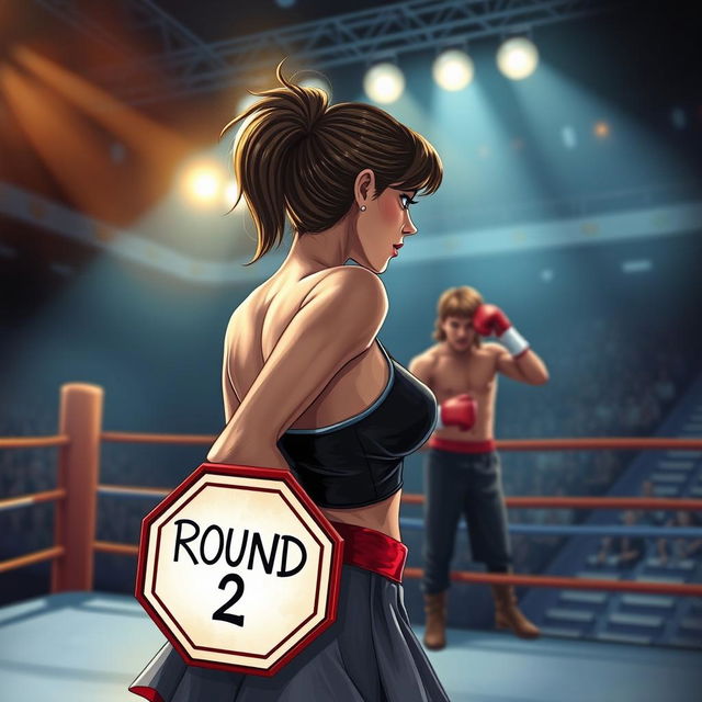 A realistic book cover illustration featuring a ring girl at the edge of a boxing ring, holding an octagonal sign that reads 'Round 2'