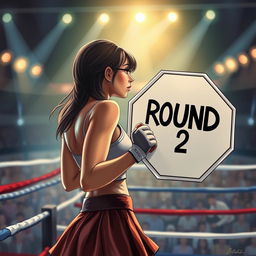 A realistic book cover illustration featuring a ring girl at the edge of a boxing ring, holding an octagonal sign that reads 'Round 2'