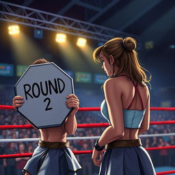 A realistic book cover illustration featuring a ring girl at the edge of a boxing ring, holding an octagonal sign that reads 'Round 2'