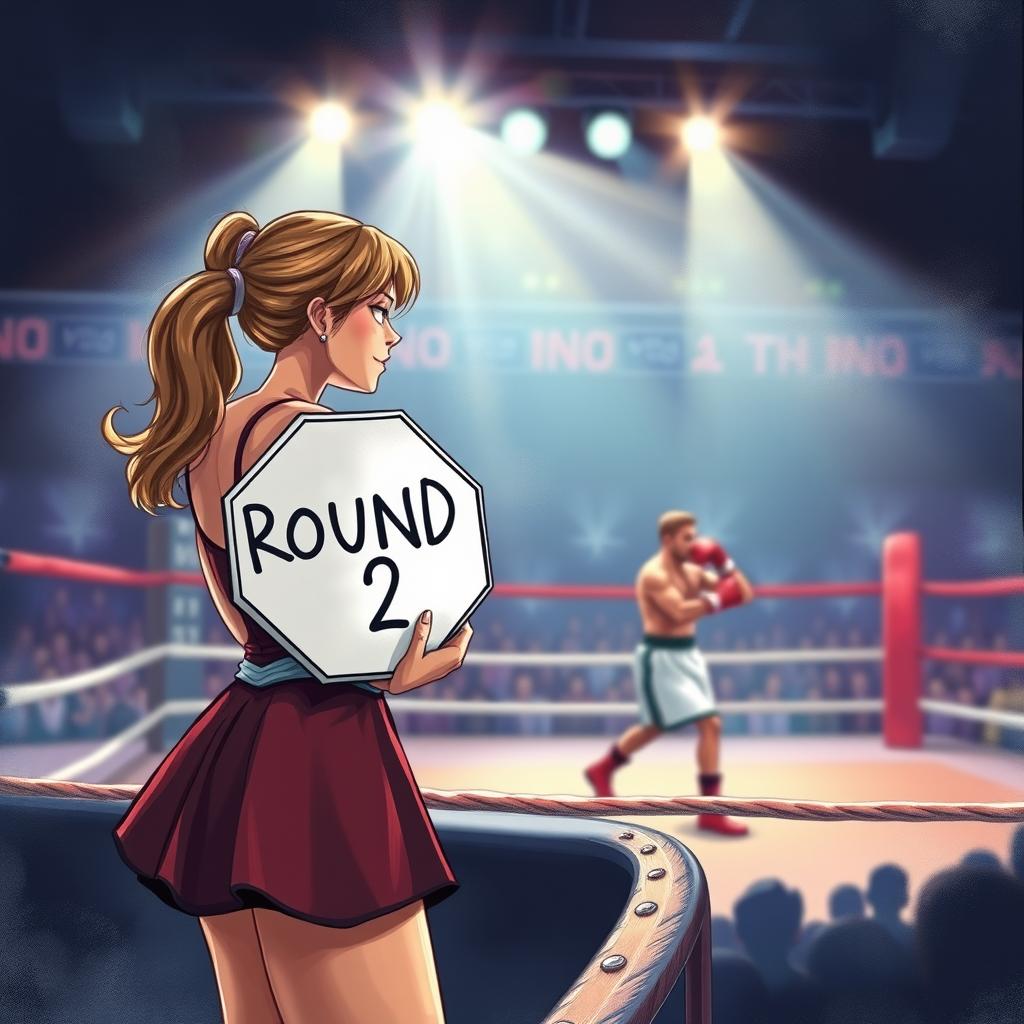A captivating book cover illustration depicting a ring girl standing at the edge of a boxing ring, holding an octagonal sign that reads 'Round 2'