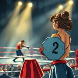 A captivating book cover illustration depicting a ring girl standing at the edge of a boxing ring, holding an octagonal sign that reads 'Round 2'