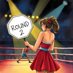 A captivating book cover illustration depicting a ring girl standing at the edge of a boxing ring, holding an octagonal sign that reads 'Round 2'