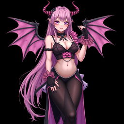 A realistic and sexy submissive gothic anime succubus girl featuring enchanting wings, thin horns, and a playful tail