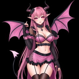 A realistic and sexy submissive gothic anime succubus girl featuring enchanting wings, thin horns, and a playful tail