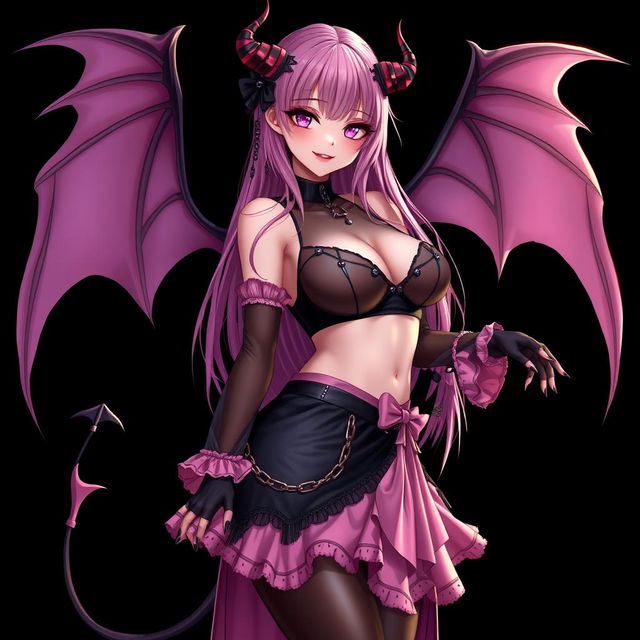 A realistic and sexy submissive gothic anime succubus girl featuring enchanting wings, thin horns, and a playful tail